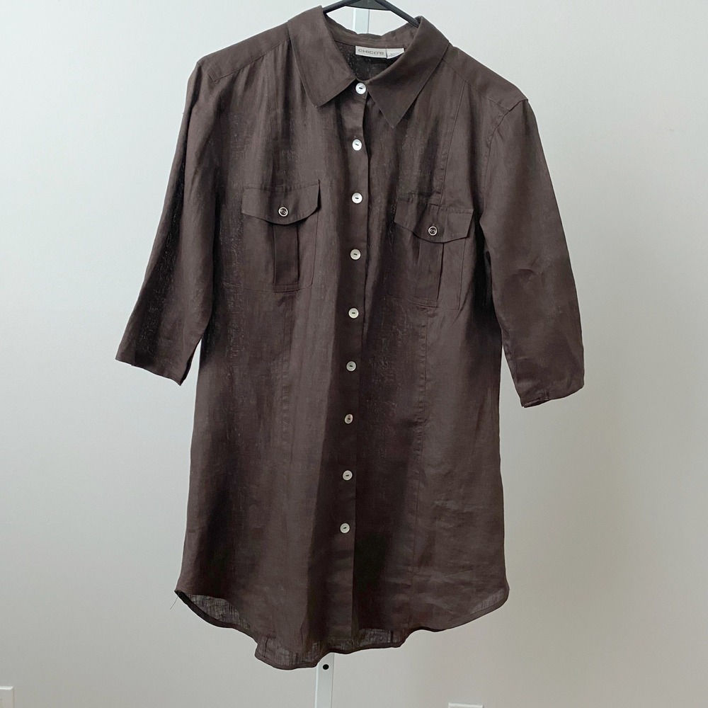 Chico's Coastal 100% Linen Resortwear Button Tunic 2 Brown Shirt Blouse